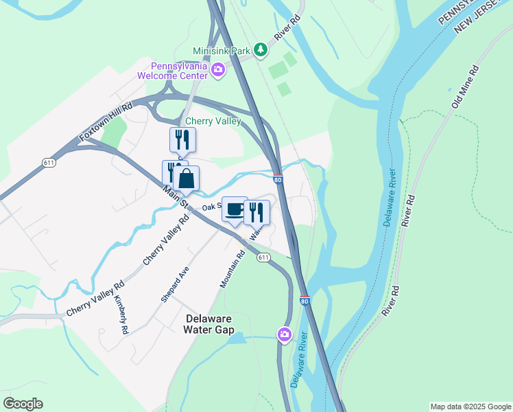 map of restaurants, bars, coffee shops, grocery stores, and more near in DE WATER GAP
