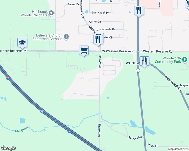 map of restaurants, bars, coffee shops, grocery stores, and more near 9264 Sharrott Road in Youngstown