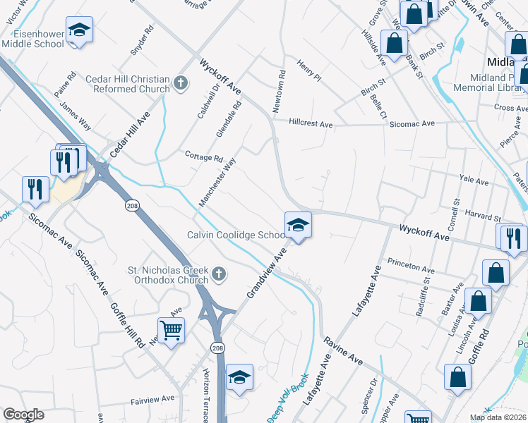 map of restaurants, bars, coffee shops, grocery stores, and more near 166 Coolidge Terrace in Wyckoff