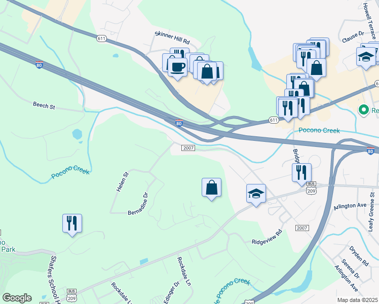 map of restaurants, bars, coffee shops, grocery stores, and more near 261 Tanite Road in Stroudsburg