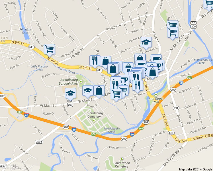 map of restaurants, bars, coffee shops, grocery stores, and more near 24 North 10th Street in Stroudsburg