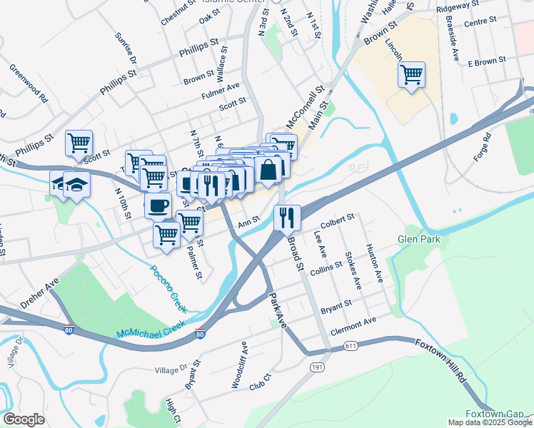 map of restaurants, bars, coffee shops, grocery stores, and more near 539 Ann Street in Stroudsburg