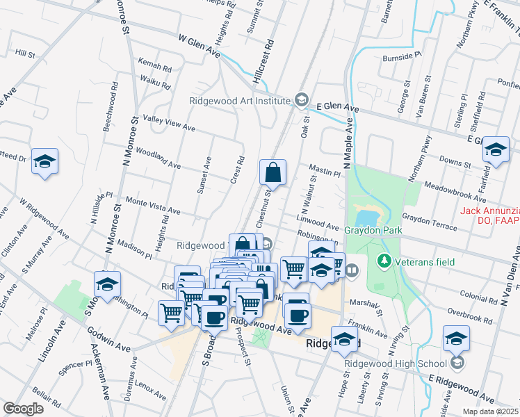 map of restaurants, bars, coffee shops, grocery stores, and more near 169 Chestnut Street in Ridgewood