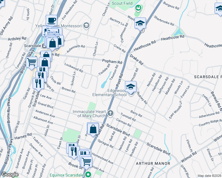 map of restaurants, bars, coffee shops, grocery stores, and more near in Scarsdale