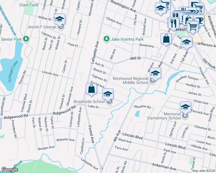 map of restaurants, bars, coffee shops, grocery stores, and more near 65 Euclid Avenue in Westwood