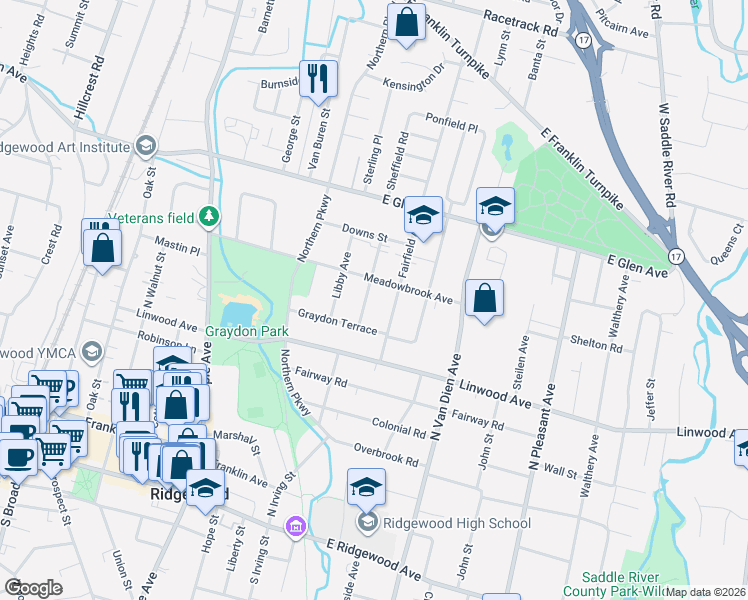 map of restaurants, bars, coffee shops, grocery stores, and more near in Ridgewood