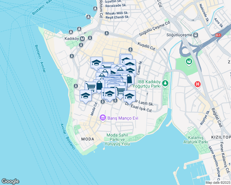 map of restaurants, bars, coffee shops, grocery stores, and more near 34 Doktor Esat Işık Caddesi in Kadıköy