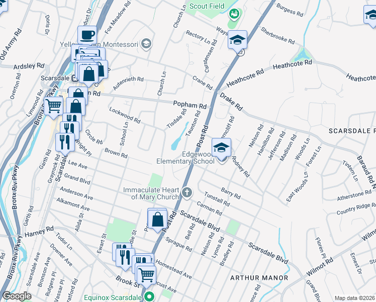 map of restaurants, bars, coffee shops, grocery stores, and more near in Scarsdale