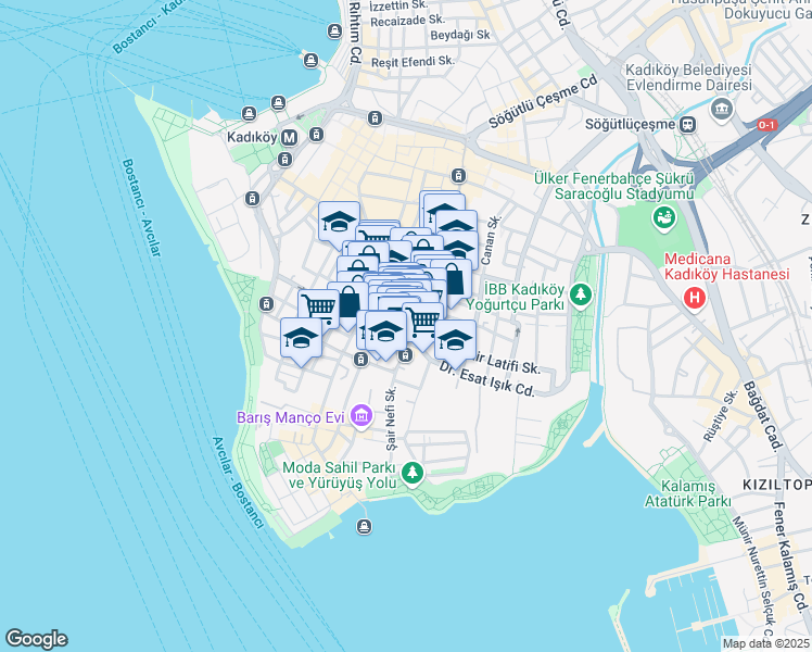 map of restaurants, bars, coffee shops, grocery stores, and more near 34 Doktor Esat Işık Caddesi in Kadıköy