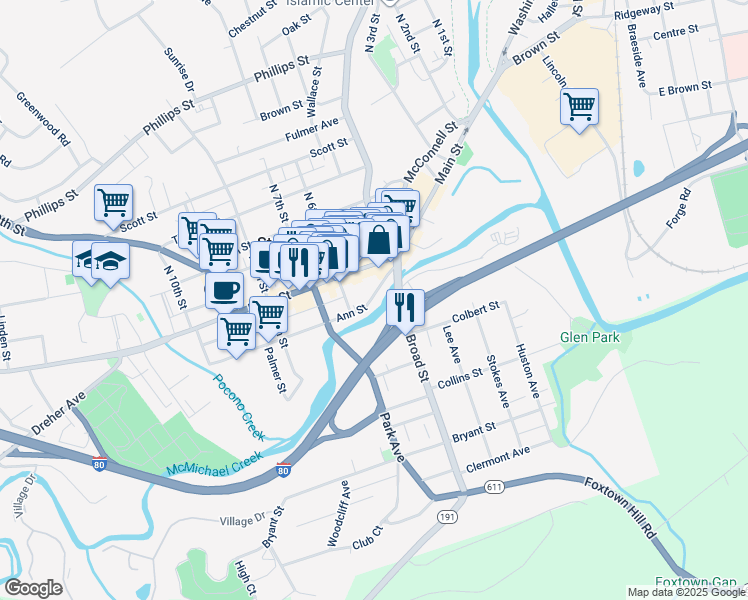 map of restaurants, bars, coffee shops, grocery stores, and more near 539 Ann Street in Stroudsburg