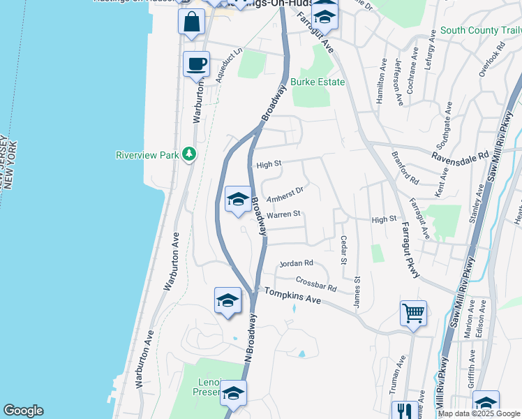 map of restaurants, bars, coffee shops, grocery stores, and more near 200 Broadway in Hastings-on-Hudson
