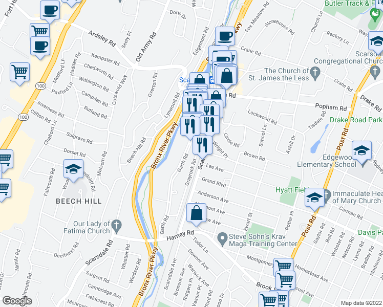 map of restaurants, bars, coffee shops, grocery stores, and more near in Eastchester