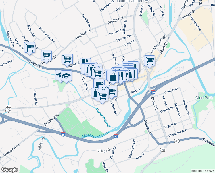 map of restaurants, bars, coffee shops, grocery stores, and more near 804 Main Street in Stroudsburg