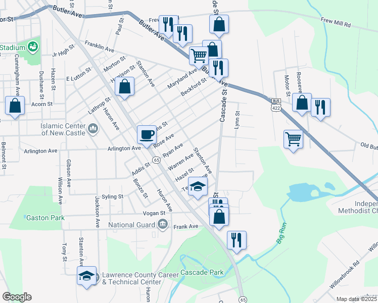 map of restaurants, bars, coffee shops, grocery stores, and more near 938 Warren Avenue in New Castle