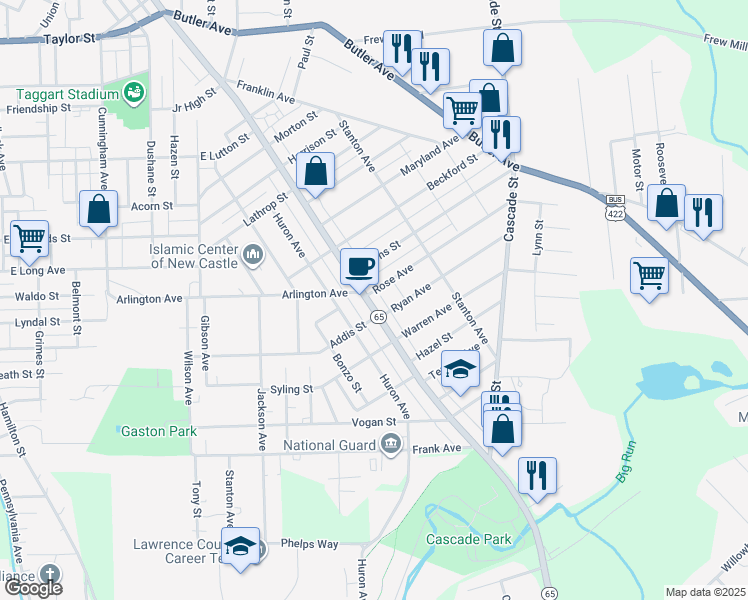 map of restaurants, bars, coffee shops, grocery stores, and more near 1405 East Washington Street in New Castle