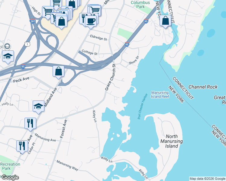 map of restaurants, bars, coffee shops, grocery stores, and more near 6 Guion Road in Rye
