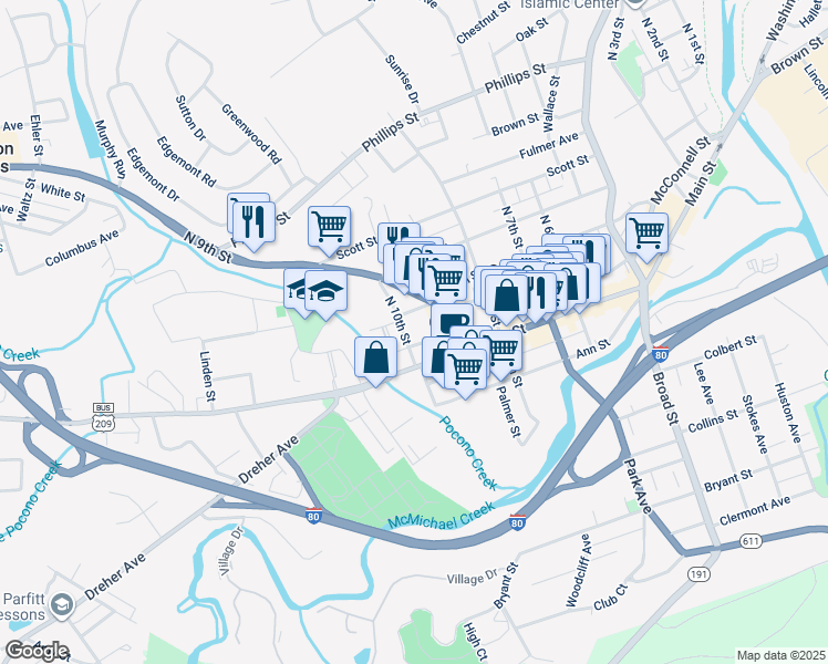 map of restaurants, bars, coffee shops, grocery stores, and more near 24 North 10th Street in Stroudsburg