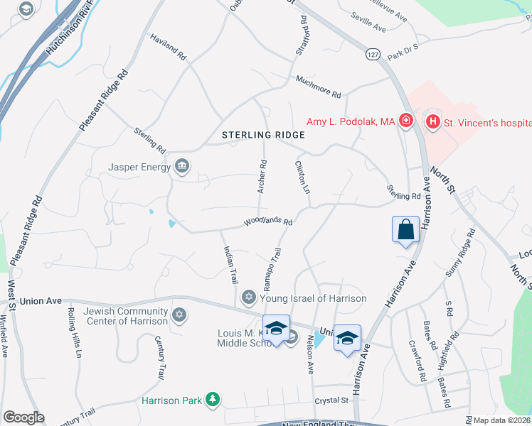 map of restaurants, bars, coffee shops, grocery stores, and more near 152 Woodlands Road in Harrison