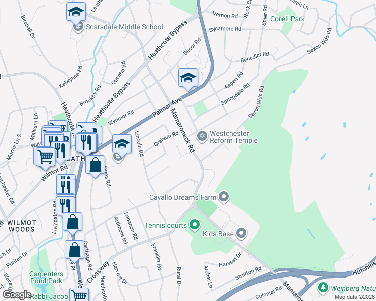 map of restaurants, bars, coffee shops, grocery stores, and more near 256 Mamaroneck Road in Scarsdale