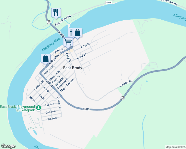 map of restaurants, bars, coffee shops, grocery stores, and more near 100-198 Slagle Drive in East Brady