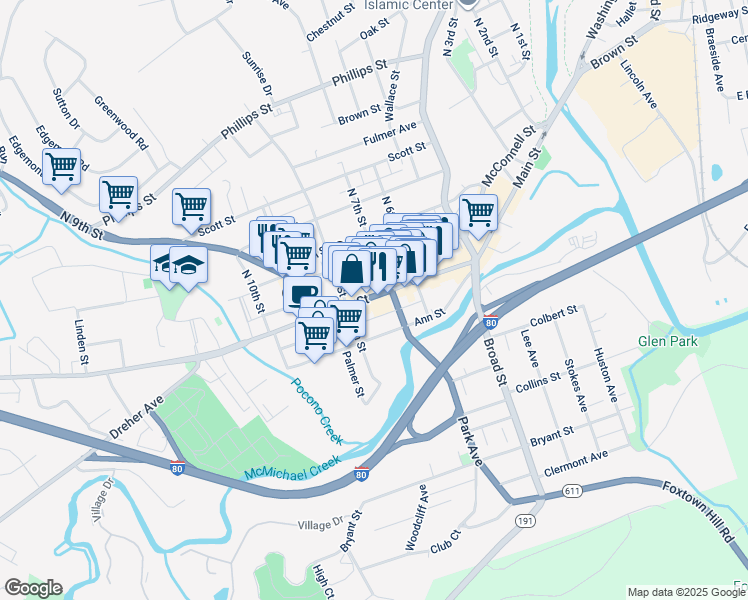map of restaurants, bars, coffee shops, grocery stores, and more near 729 Main Street in Stroudsburg