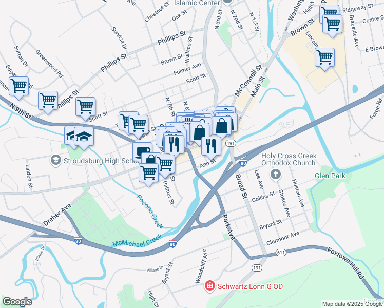 map of restaurants, bars, coffee shops, grocery stores, and more near 639 Main Street in Stroudsburg