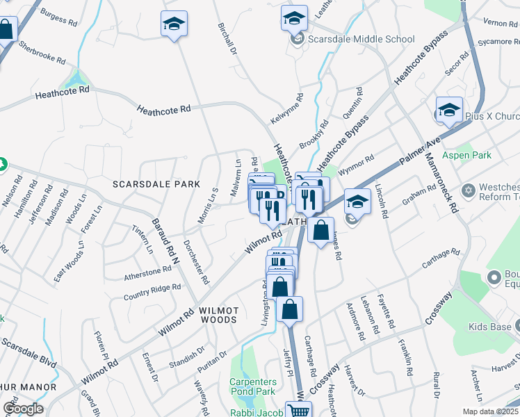 map of restaurants, bars, coffee shops, grocery stores, and more near 1078 Wilmot Road in Scarsdale