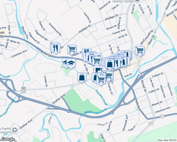map of restaurants, bars, coffee shops, grocery stores, and more near 28 North 10th Street in Stroudsburg
