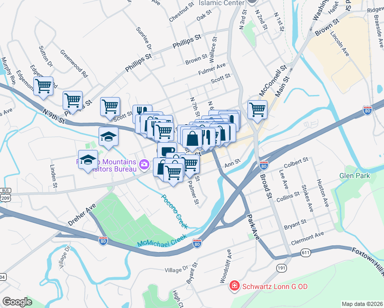 map of restaurants, bars, coffee shops, grocery stores, and more near 805 Main Street in Stroudsburg