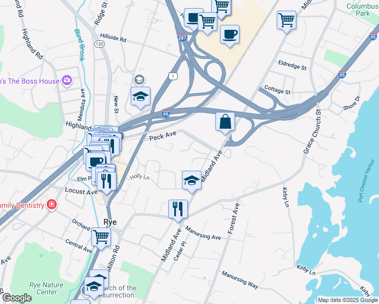 map of restaurants, bars, coffee shops, grocery stores, and more near 2 Peck Avenue in Rye