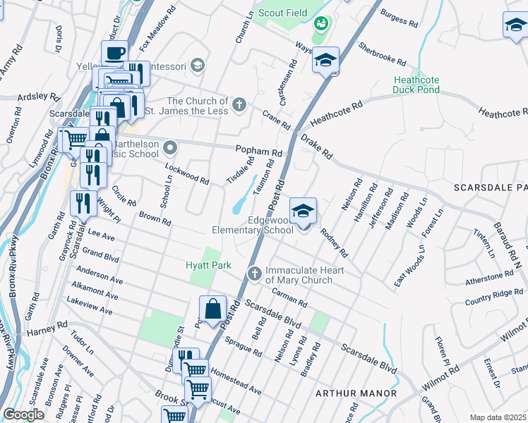 map of restaurants, bars, coffee shops, grocery stores, and more near in Scarsdale