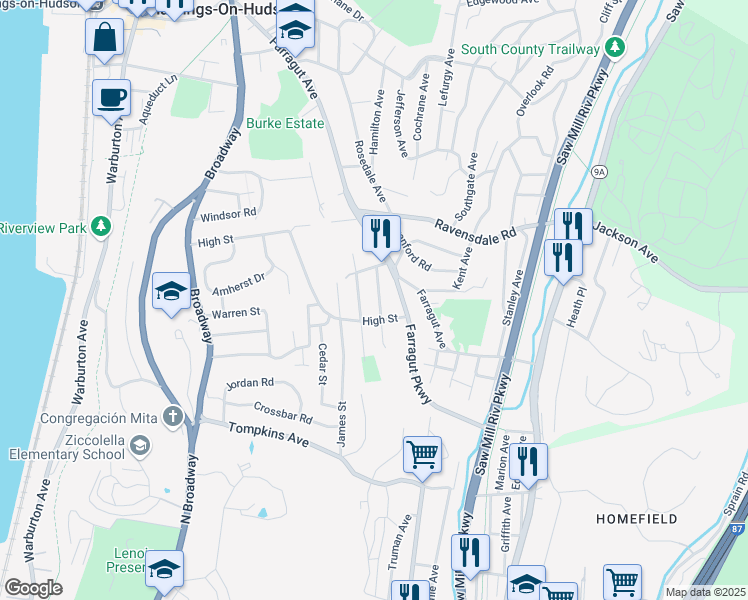 map of restaurants, bars, coffee shops, grocery stores, and more near 15 Prince Street in Hastings-on-Hudson