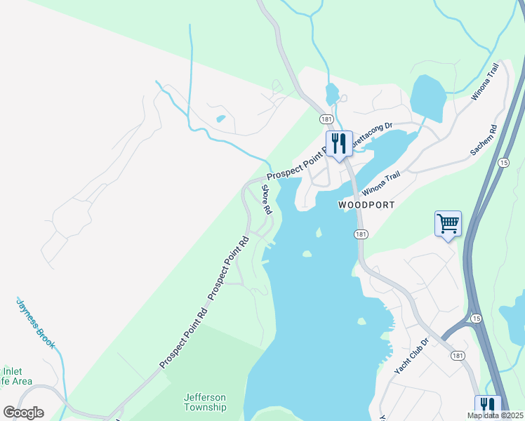 map of restaurants, bars, coffee shops, grocery stores, and more near 261 Prospect Point Road in Jefferson
