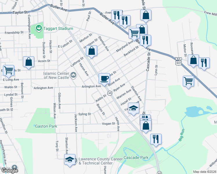 map of restaurants, bars, coffee shops, grocery stores, and more near 1419 Pennsylvania 65 in New Castle