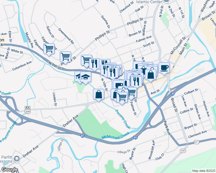 map of restaurants, bars, coffee shops, grocery stores, and more near 28 North 10th Street in Stroudsburg