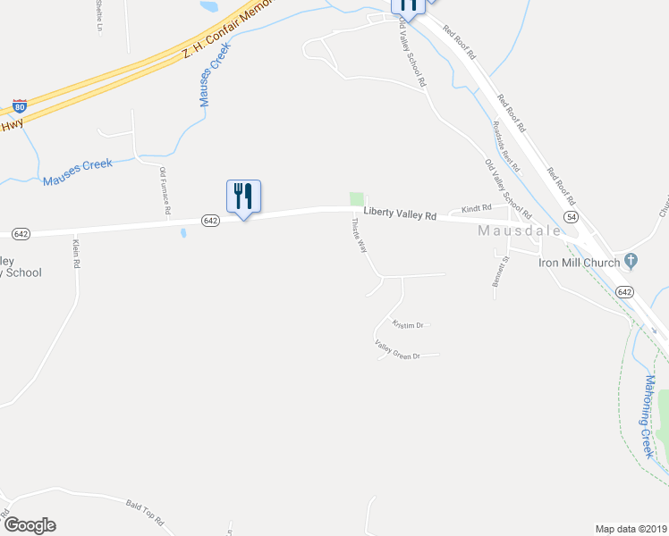 map of restaurants, bars, coffee shops, grocery stores, and more near Camp Road in Montour County