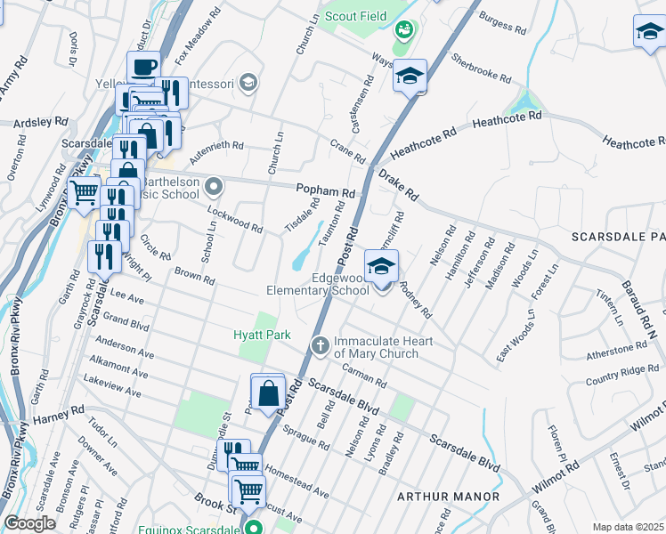 map of restaurants, bars, coffee shops, grocery stores, and more near in Scarsdale