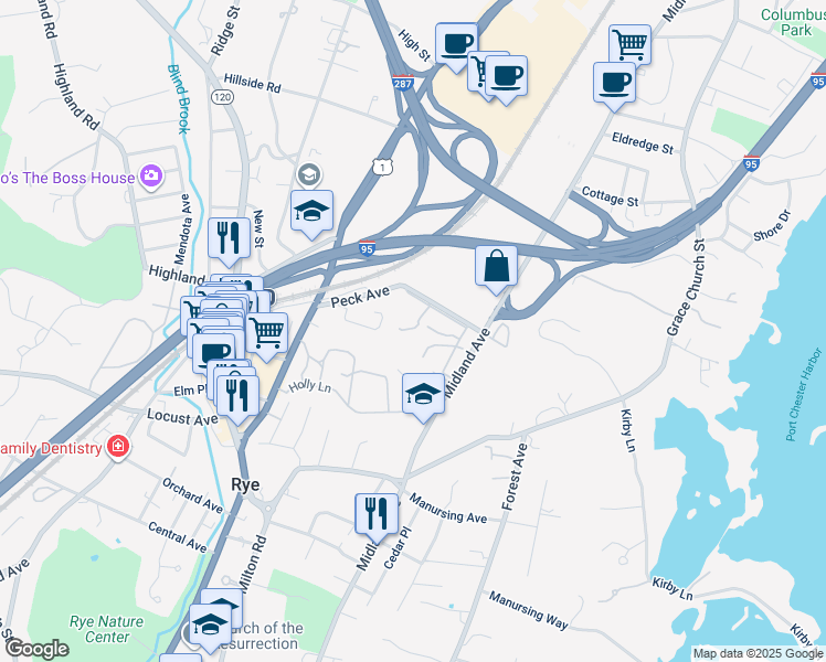 map of restaurants, bars, coffee shops, grocery stores, and more near 2 Peck Avenue in Rye