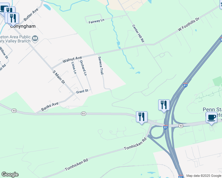 map of restaurants, bars, coffee shops, grocery stores, and more near Seneca Trail in Luzerne County