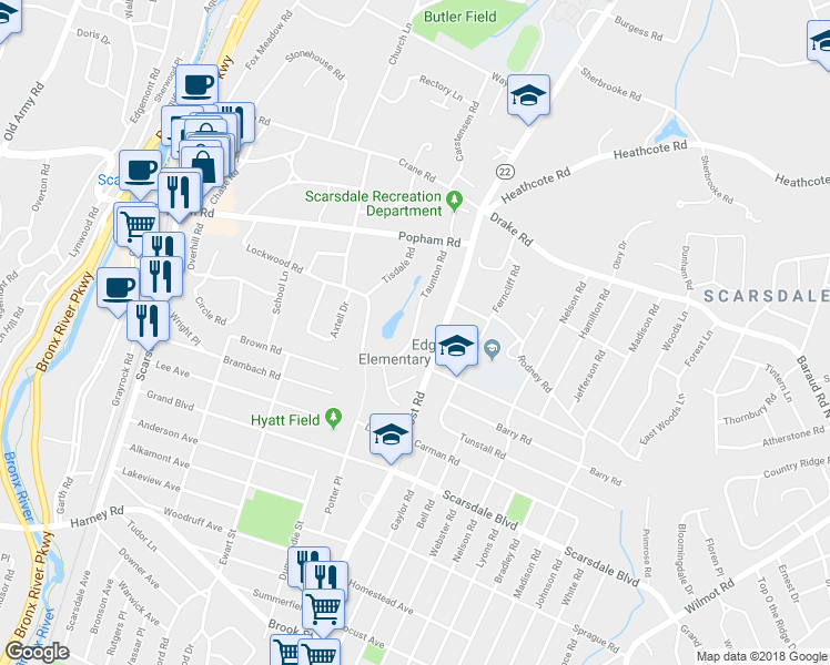 map of restaurants, bars, coffee shops, grocery stores, and more near 24 Taunton Road in Scarsdale