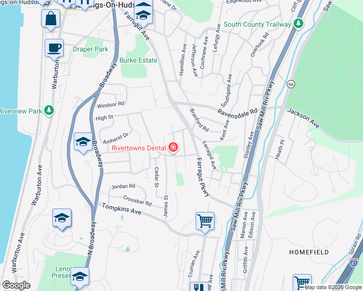 map of restaurants, bars, coffee shops, grocery stores, and more near 53 Prince Street in Hastings-on-Hudson