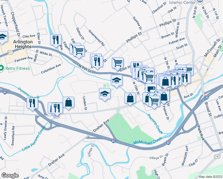 map of restaurants, bars, coffee shops, grocery stores, and more near 1100 West Main Street in Stroudsburg
