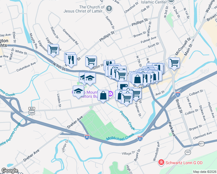 map of restaurants, bars, coffee shops, grocery stores, and more near 13 North 10th Street in Stroudsburg