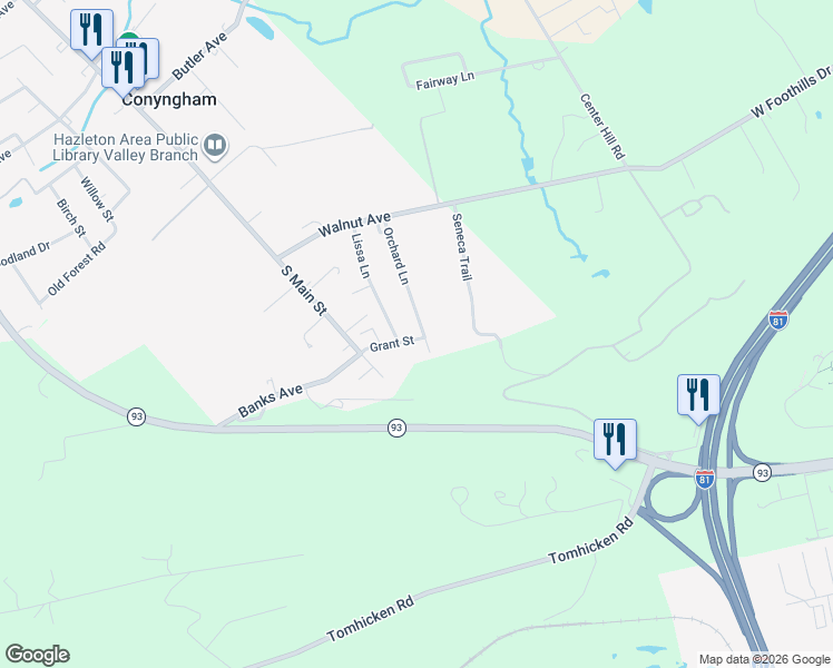 map of restaurants, bars, coffee shops, grocery stores, and more near 13 Grant St in Conyngham