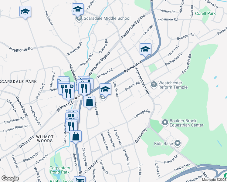 map of restaurants, bars, coffee shops, grocery stores, and more near 17 Lincoln Road in Scarsdale