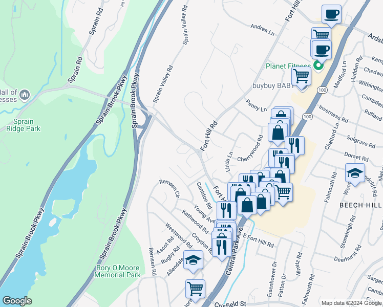 map of restaurants, bars, coffee shops, grocery stores, and more near 56 Hearthstone Road in Yonkers