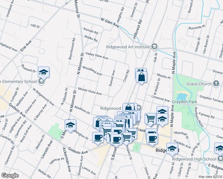 map of restaurants, bars, coffee shops, grocery stores, and more near 100 Crest Road in Ridgewood