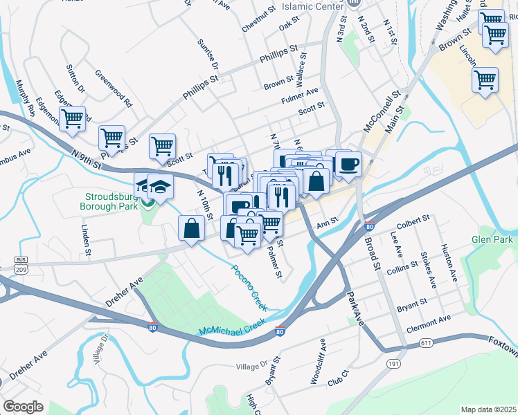 map of restaurants, bars, coffee shops, grocery stores, and more near 805 Main Street in Stroudsburg