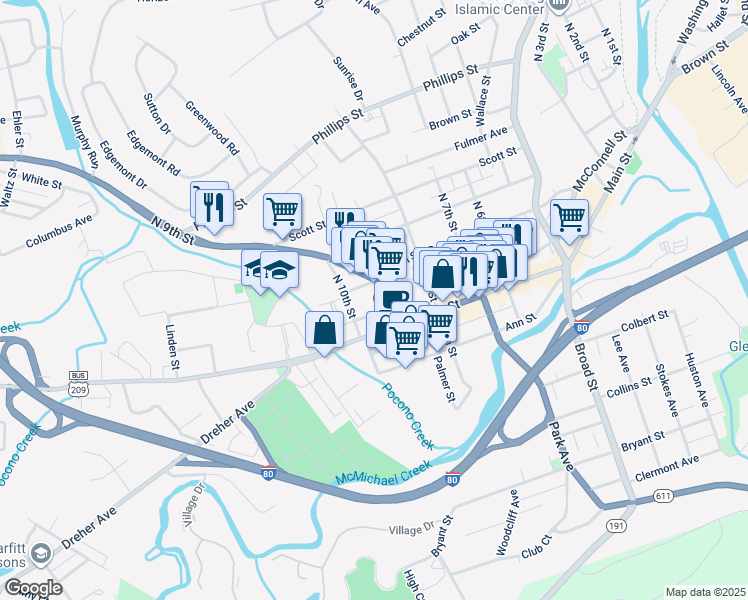 map of restaurants, bars, coffee shops, grocery stores, and more near 21 North 9th Street in Stroudsburg
