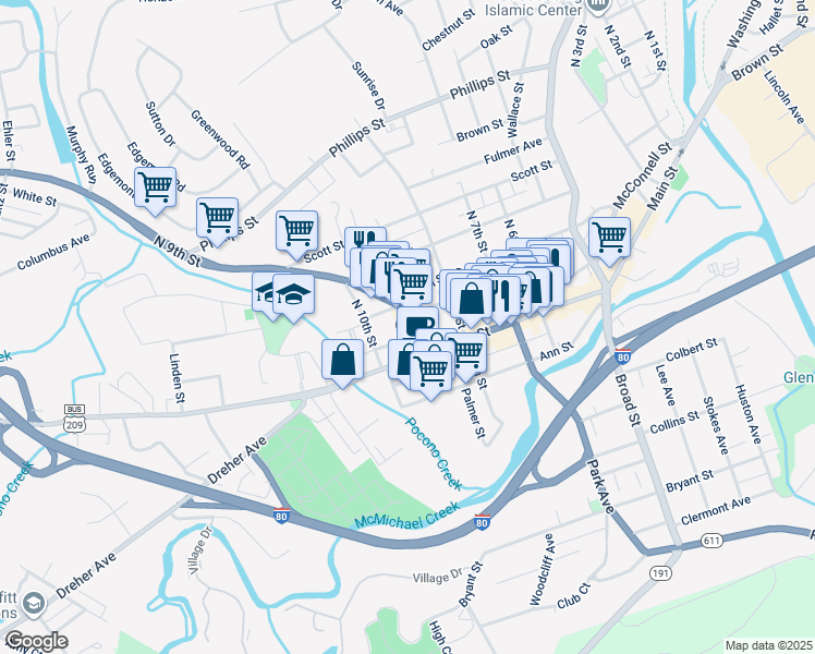 map of restaurants, bars, coffee shops, grocery stores, and more near 21 North 9th Street in Stroudsburg